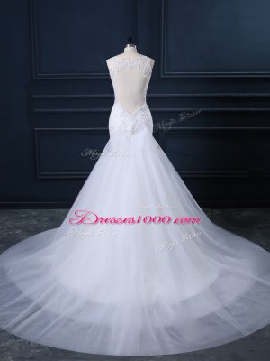 White Tulle Side Zipper Straps Sleeveless Bridal Gown Watteau Train Lace