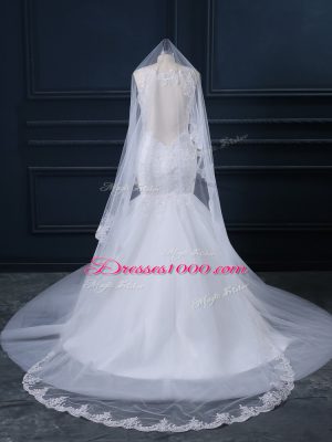 White Tulle Side Zipper Straps Sleeveless Bridal Gown Watteau Train Lace