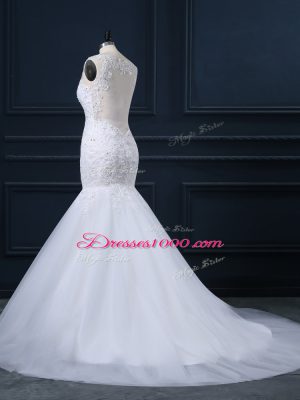 White Tulle Side Zipper Straps Sleeveless Bridal Gown Watteau Train Lace