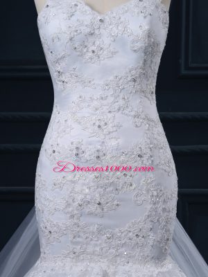 White Tulle Side Zipper Straps Sleeveless Bridal Gown Watteau Train Lace