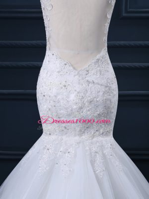 White Tulle Side Zipper Straps Sleeveless Bridal Gown Watteau Train Lace