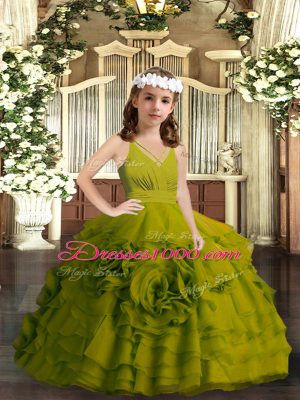 Superior Olive Green Sleeveless Floor Length Ruffled Layers Zipper Pageant Dress for Girls