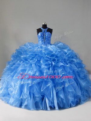 Romantic Zipper Quinceanera Gowns Blue for Sweet 16 and Quinceanera with Beading and Ruffles Brush Train