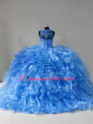 Romantic Zipper Quinceanera Gowns Blue for Sweet 16 and Quinceanera with Beading and Ruffles Brush Train