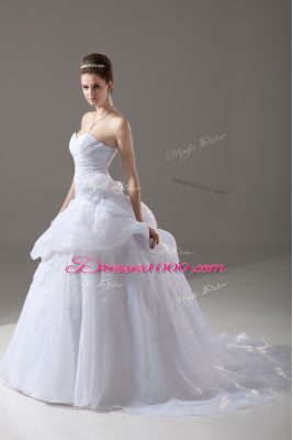 White Organza Lace Up Wedding Dress Sleeveless Brush Train Appliques and Hand Made Flower