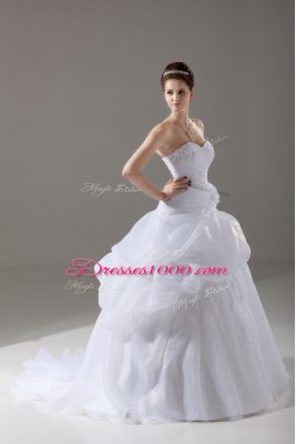 White Organza Lace Up Wedding Dress Sleeveless Brush Train Appliques and Hand Made Flower