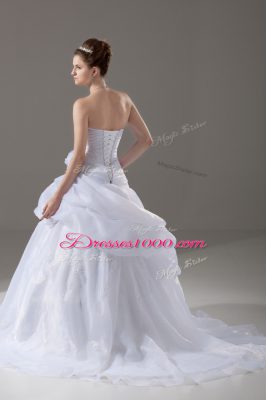 White Organza Lace Up Wedding Dress Sleeveless Brush Train Appliques and Hand Made Flower