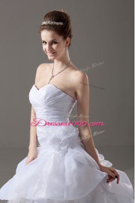 White Organza Lace Up Wedding Dress Sleeveless Brush Train Appliques and Hand Made Flower