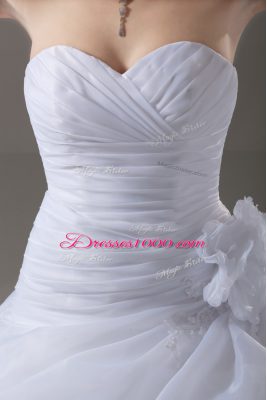 White Organza Lace Up Wedding Dress Sleeveless Brush Train Appliques and Hand Made Flower