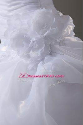 White Organza Lace Up Wedding Dress Sleeveless Brush Train Appliques and Hand Made Flower