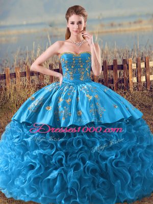 Glittering Baby Blue Ball Gown Prom Dress Sweet 16 and Quinceanera with Embroidery and Ruffles Sweetheart Sleeveless Brush Train Lace Up