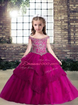 Custom Fit Fuchsia Lace Up Off The Shoulder Beading and Lace and Appliques High School Pageant Dress Tulle Sleeveless