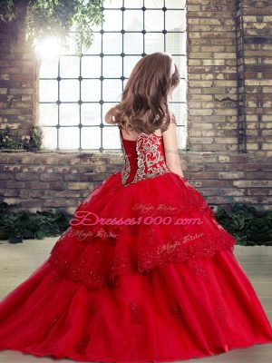 Custom Fit Fuchsia Lace Up Off The Shoulder Beading and Lace and Appliques High School Pageant Dress Tulle Sleeveless