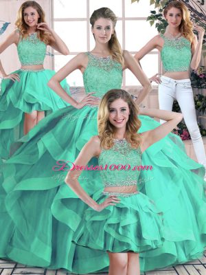 Excellent Turquoise Scoop Zipper Beading and Ruffles Sweet 16 Dress Sleeveless