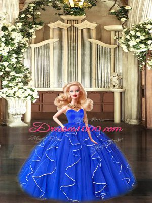 Blue Sweetheart Lace Up Beading and Ruffles 15th Birthday Dress Sleeveless