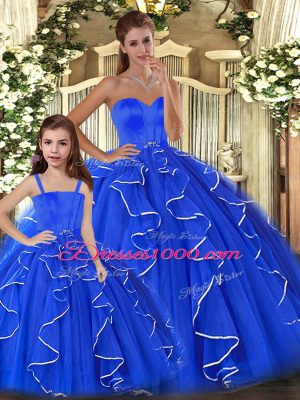 Blue Sweetheart Lace Up Beading and Ruffles 15th Birthday Dress Sleeveless