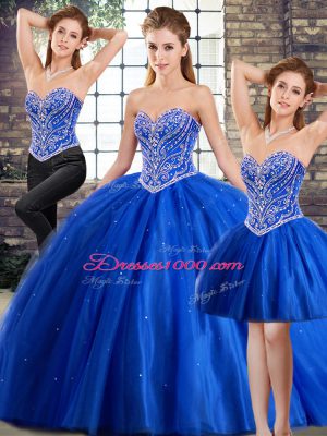 Smart Blue Ball Gowns Sweetheart Sleeveless Tulle Brush Train Lace Up Beading Quinceanera Dress