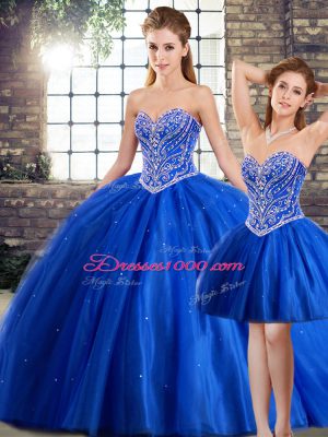 Smart Blue Ball Gowns Sweetheart Sleeveless Tulle Brush Train Lace Up Beading Quinceanera Dress