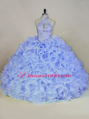 Lavender Ball Gowns Beading Quinceanera Gowns Lace Up Fabric With Rolling Flowers Sleeveless