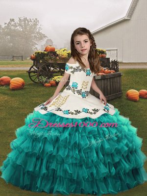 Floor Length Lace Up Casual Dresses Teal for Party and Military Ball and Wedding Party with Embroidery and Ruffled Layers