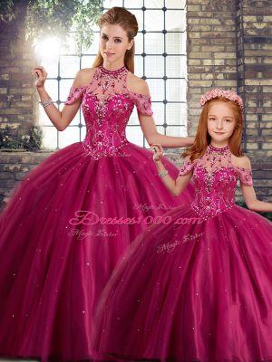 Comfortable Halter Top Sleeveless Quince Ball Gowns Brush Train Beading Fuchsia Tulle