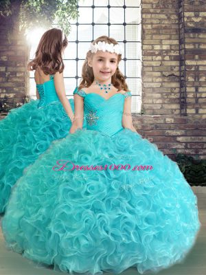 Straps Sleeveless Lace Up Little Girl Pageant Dress Aqua Blue Fabric With Rolling Flowers