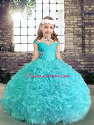 Straps Sleeveless Lace Up Little Girl Pageant Dress Aqua Blue Fabric With Rolling Flowers