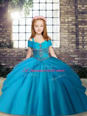 Custom Design Floor Length Lace Up Little Girls Pageant Gowns Baby Blue for Party and Sweet 16 and Wedding Party with Beading