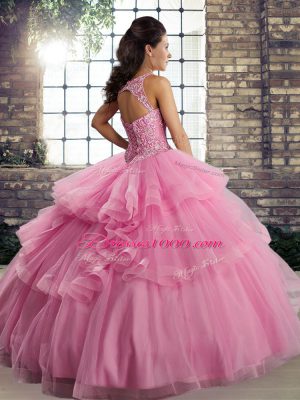 Traditional Floor Length Lace Up Sweet 16 Dresses Rose Pink for Military Ball and Sweet 16 and Quinceanera with Lace and Embroidery and Ruffles