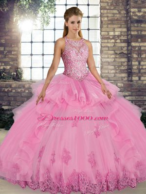 Traditional Floor Length Lace Up Sweet 16 Dresses Rose Pink for Military Ball and Sweet 16 and Quinceanera with Lace and Embroidery and Ruffles