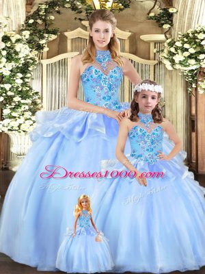 Blue Ball Gowns Halter Top Sleeveless Organza Floor Length Lace Up Embroidery Quinceanera Gown