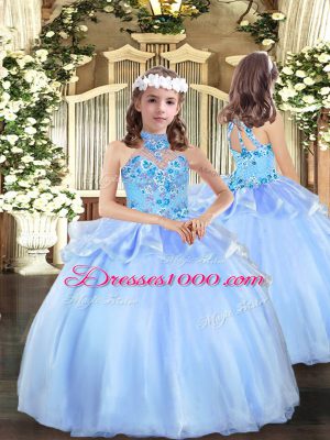 Blue Ball Gowns Halter Top Sleeveless Organza Floor Length Lace Up Embroidery Quinceanera Gown