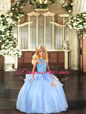 Blue Ball Gowns Halter Top Sleeveless Organza Floor Length Lace Up Embroidery Quinceanera Gown