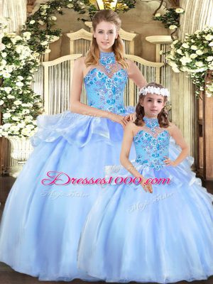 Blue Ball Gowns Halter Top Sleeveless Organza Floor Length Lace Up Embroidery Quinceanera Gown