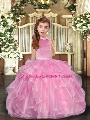 Custom Fit Baby Pink Halter Top Lace Up Beading and Ruffles Little Girl Pageant Dress Sleeveless
