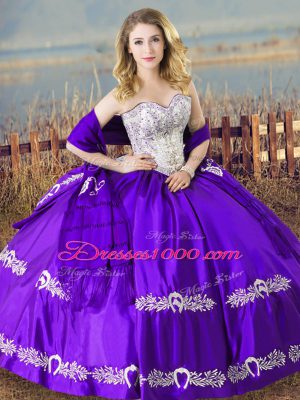 Sweetheart Sleeveless Quince Ball Gowns Floor Length Beading and Embroidery Eggplant Purple Satin