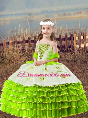 Yellow Green Lace Up Pageant Gowns For Girls Beading and Embroidery and Ruffled Layers Sleeveless Floor Length