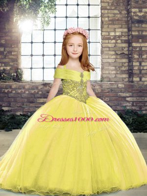 Affordable Sleeveless Brush Train Beading Lace Up Pageant Gowns For Girls