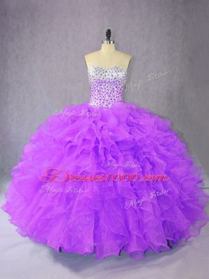 Discount Purple Lace Up Sweetheart Beading and Ruffles Quinceanera Dresses Organza Sleeveless