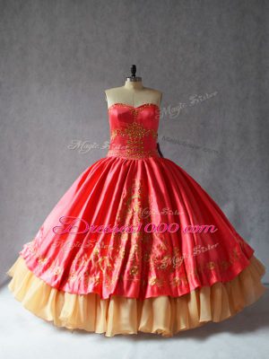 Exceptional Sweetheart Sleeveless Satin and Organza Sweet 16 Dress Embroidery Lace Up