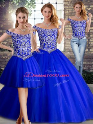 Clearance Royal Blue Lace Up Off The Shoulder Beading Ball Gown Prom Dress Tulle Sleeveless Brush Train