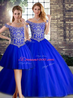 Clearance Royal Blue Lace Up Off The Shoulder Beading Ball Gown Prom Dress Tulle Sleeveless Brush Train