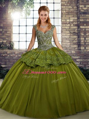 Olive Green Ball Gowns Beading and Appliques Quince Ball Gowns Lace Up Tulle Sleeveless Floor Length