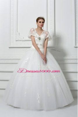 High Class Floor Length White Wedding Dress V-neck Short Sleeves Lace Up