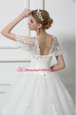High Class Floor Length White Wedding Dress V-neck Short Sleeves Lace Up