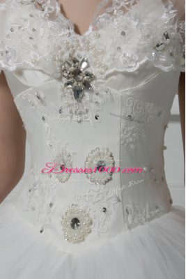 High Class Floor Length White Wedding Dress V-neck Short Sleeves Lace Up