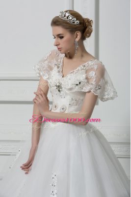 High Class Floor Length White Wedding Dress V-neck Short Sleeves Lace Up