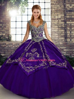 Floor Length Purple Vestidos de Quinceanera Tulle Sleeveless Beading and Embroidery