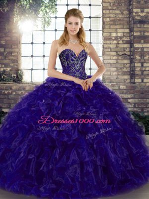 High End Purple Organza Lace Up 15 Quinceanera Dress Sleeveless Floor Length Beading and Ruffles