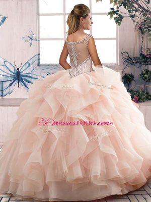Sleeveless Organza Floor Length Lace Up Quinceanera Gown in Brown with Beading and Ruffles